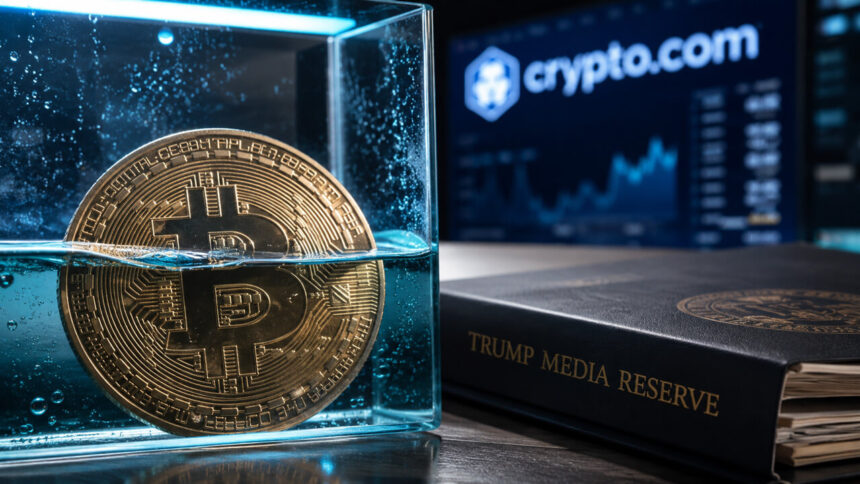 Bitcoin partially submerged in water beside a Trump Media reserve binder and Crypto.com display, symbolizing mounting pressure on the company’s underwater BTC holdings
