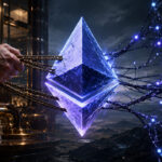 Ethereum governance and execution debate visualized by a glowing ETH symbol pulled between institutional control and decentralized network forces