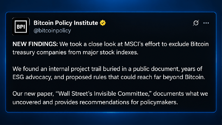 MSCI Rule Puts Strategy at Risk, Says Bitcoin Policy Institute Paper