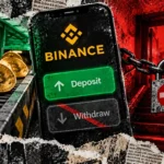 A Binance smartphone shows deposits enabled and withdrawals disabled beside a chained exit in a red and green editorial collage.