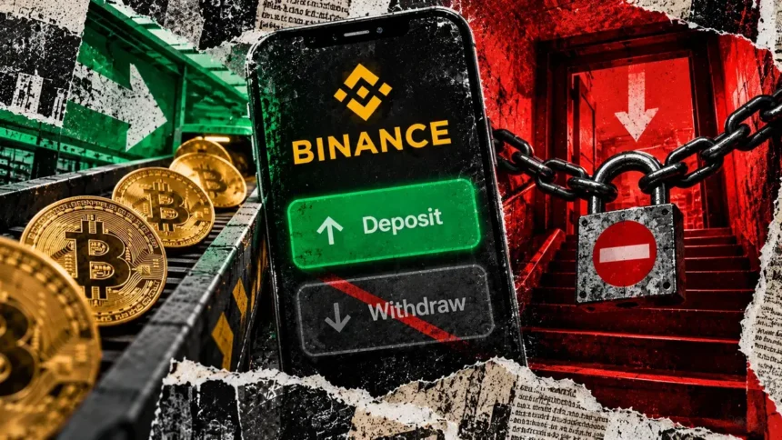 A Binance smartphone shows deposits enabled and withdrawals disabled beside a chained exit in a red and green editorial collage.