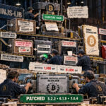 Editorial collage showing a PSBT passing separate signing and fee-checking rails, where missing or conflicting input values hide the true Bitcoin miner fee before patched bitcoinjs-lib versions correct the calculation.