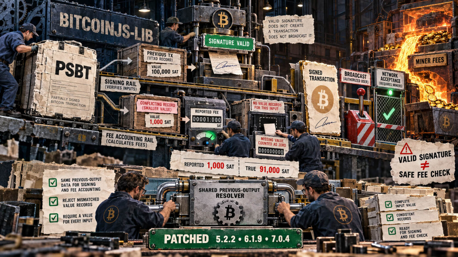 Editorial collage showing a PSBT passing separate signing and fee-checking rails, where missing or conflicting input values hide the true Bitcoin miner fee before patched bitcoinjs-lib versions correct the calculation.