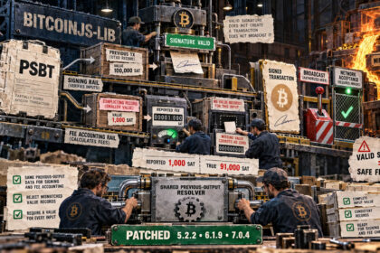 Editorial collage showing a PSBT passing separate signing and fee-checking rails, where missing or conflicting input values hide the true Bitcoin miner fee before patched bitcoinjs-lib versions correct the calculation.
