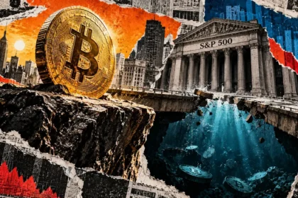 A large Bitcoin coin faces an S&P 500 stock-exchange building across a collapsing bridge over a deep blue void with sinking coins.