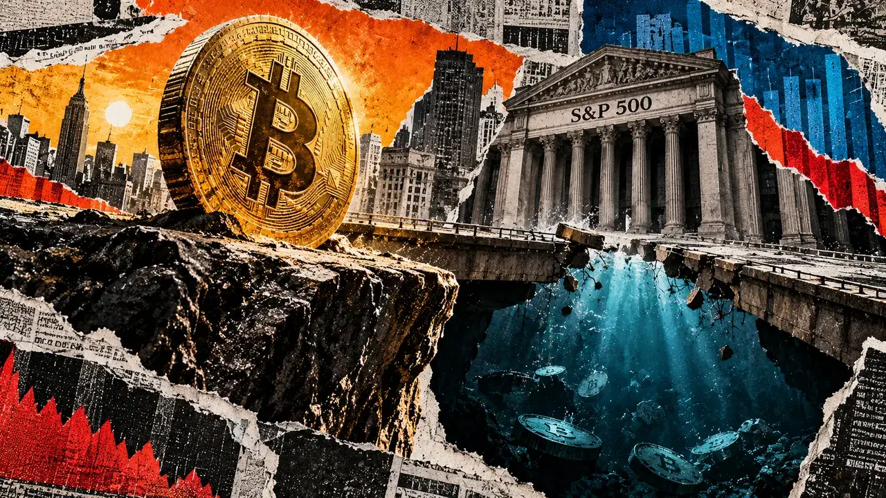 A large Bitcoin coin faces an S&P 500 stock-exchange building across a collapsing bridge over a deep blue void with sinking coins.