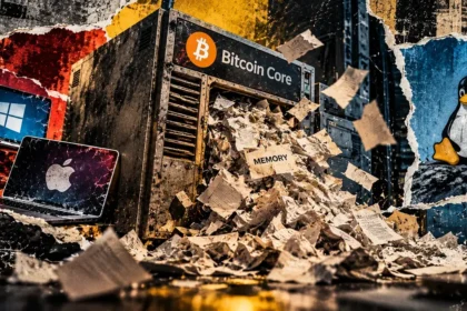 A Bitcoin Core server overflows with memory papers beside Windows and Apple laptops, while a Linux penguin appears on a separate panel.