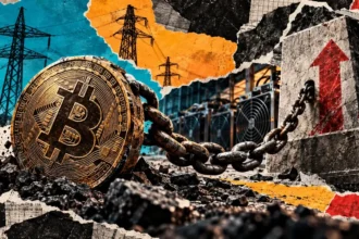 Bitcoin is chained to a heavy rising block beside mining rigs and power pylons, symbolizing tighter margins after a difficulty increase.