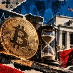 Editorial collage depicting a gold Bitcoin coin, sand-filled hourglass, Federal Reserve building and red and white volatility lines.