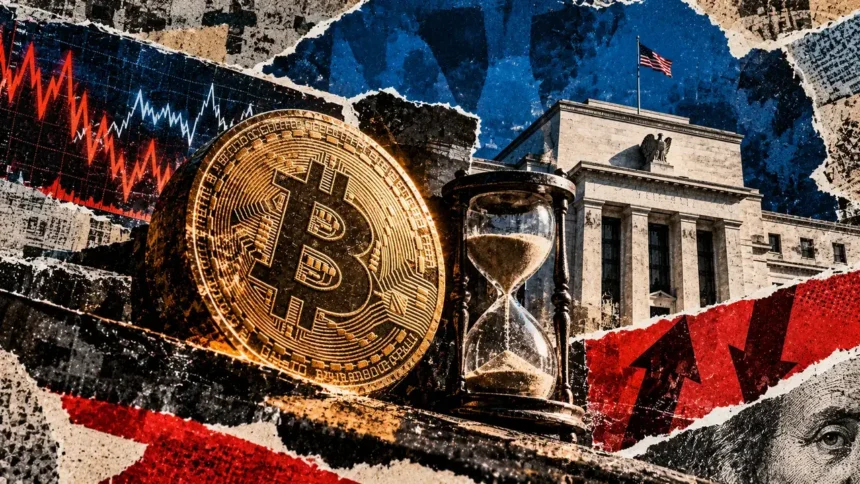 Editorial collage depicting a gold Bitcoin coin, sand-filled hourglass, Federal Reserve building and red and white volatility lines.