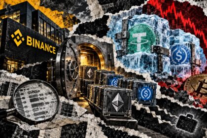 Editorial collage of an open Binance vault, outgoing crypto assets, frozen stablecoins and Bitcoin falling amid a security investigation.