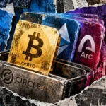 Editorial collage showing a Circle wallet containing cirBTC, Ethereum, and Arc cards against contrasting blue and purple financial backgrounds.