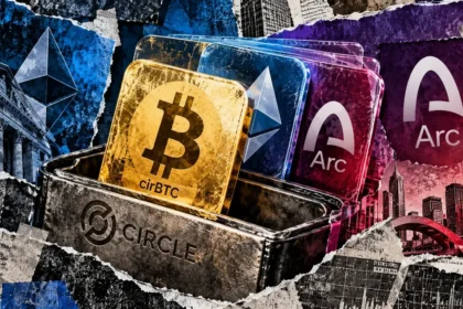 Editorial collage showing a Circle wallet containing cirBTC, Ethereum, and Arc cards against contrasting blue and purple financial backgrounds.