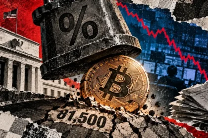 A massive interest-rate press threatens Bitcoin above the 81,500 support level, with Federal Reserve architecture and falling market prices.