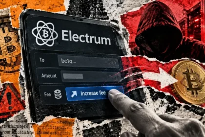 Editorial collage showing a hand increasing an Electrum wallet transaction fee as Bitcoin is redirected toward a hooded attacker and servers.