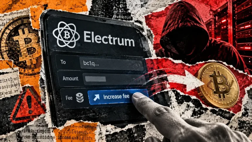 Editorial collage showing a hand increasing an Electrum wallet transaction fee as Bitcoin is redirected toward a hooded attacker and servers.
