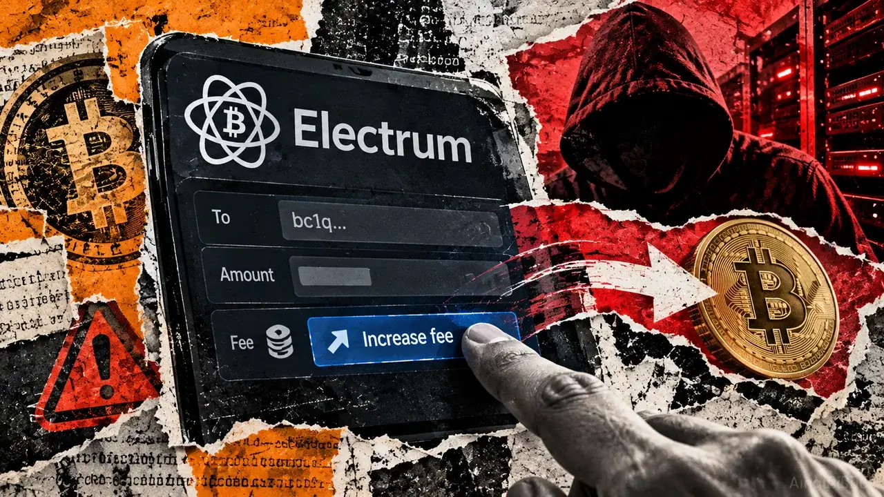 Editorial collage showing a hand increasing an Electrum wallet transaction fee as Bitcoin is redirected toward a hooded attacker and servers.