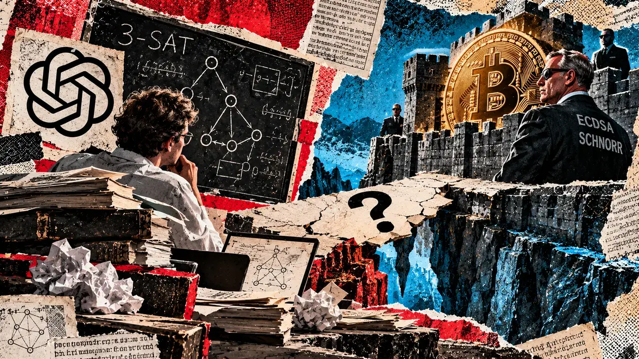 Editorial collage showing a researcher, 3-SAT diagrams and guarded Bitcoin defenses separated by an unresolved security question.