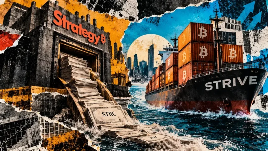 Editorial collage of a Strategy-branded fortress with STRC documents opposite a Strive cargo ship carrying Bitcoin-marked containers.