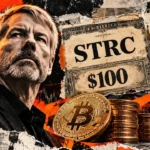 Michael Saylor with an STRC $100 certificate, Bitcoin stacks, and calendar dates for daily dividends.