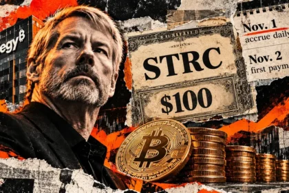 Michael Saylor with an STRC $100 certificate, Bitcoin stacks, and calendar dates for daily dividends.