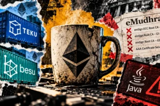 Editorial collage of a cracked Ethereum coffee mug, Teku and Besu containers, revoked eMudhra certificates and a Java security warning.