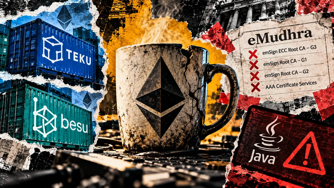 Editorial collage of a cracked Ethereum coffee mug, Teku and Besu containers, revoked eMudhra certificates and a Java security warning.