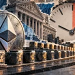 Editorial collage of Ethereum, a clock, bank architecture, and validator blocks illustrating institutional blockspace access and waiting times.