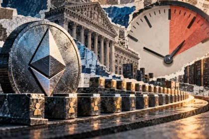Editorial collage of Ethereum, a clock, bank architecture, and validator blocks illustrating institutional blockspace access and waiting times.