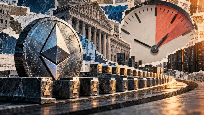 Editorial collage of Ethereum, a clock, bank architecture, and validator blocks illustrating institutional blockspace access and waiting times.