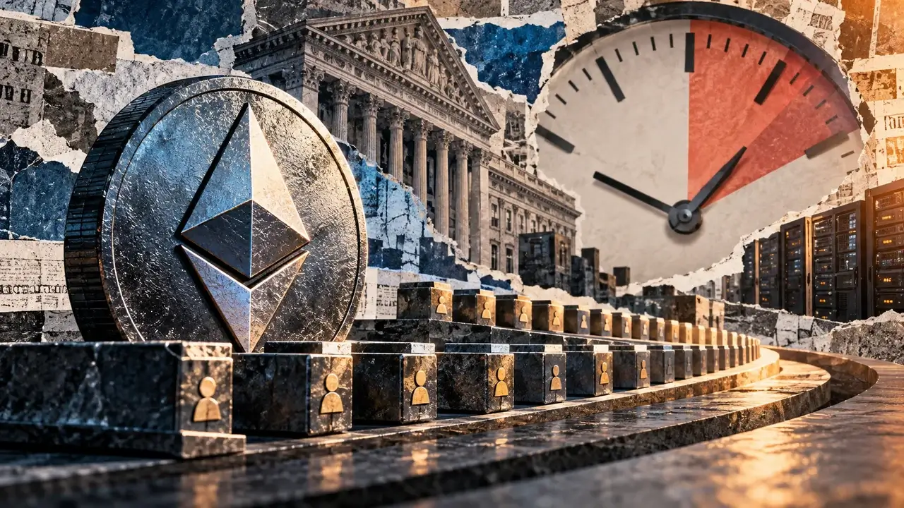 Editorial collage of Ethereum, a clock, bank architecture, and validator blocks illustrating institutional blockspace access and waiting times.