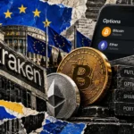 Editorial collage of Kraken, European flags, Bitcoin and Ether options, and shared futures collateral.