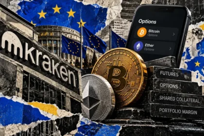 Editorial collage of Kraken, European flags, Bitcoin and Ether options, and shared futures collateral.