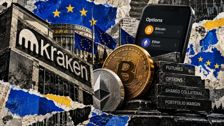 Editorial collage of Kraken, European flags, Bitcoin and Ether options, and shared futures collateral.