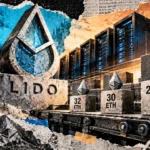 Editorial collage showing ETH staking blocks on an industrial conveyor beside a Lido emblem and Ethereum server infrastructure.