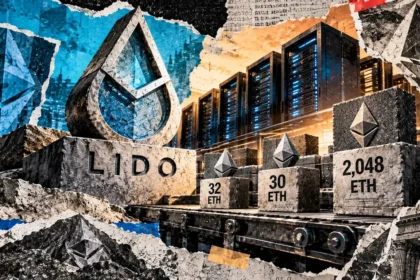 Editorial collage showing ETH staking blocks on an industrial conveyor beside a Lido emblem and Ethereum server infrastructure.